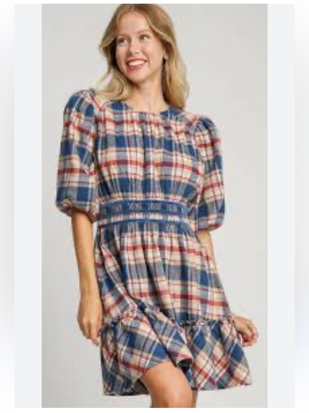 NWT Umgee Plaid Puff Sleeve Dress in Blue, Cream, and Brick Red in Size Small.